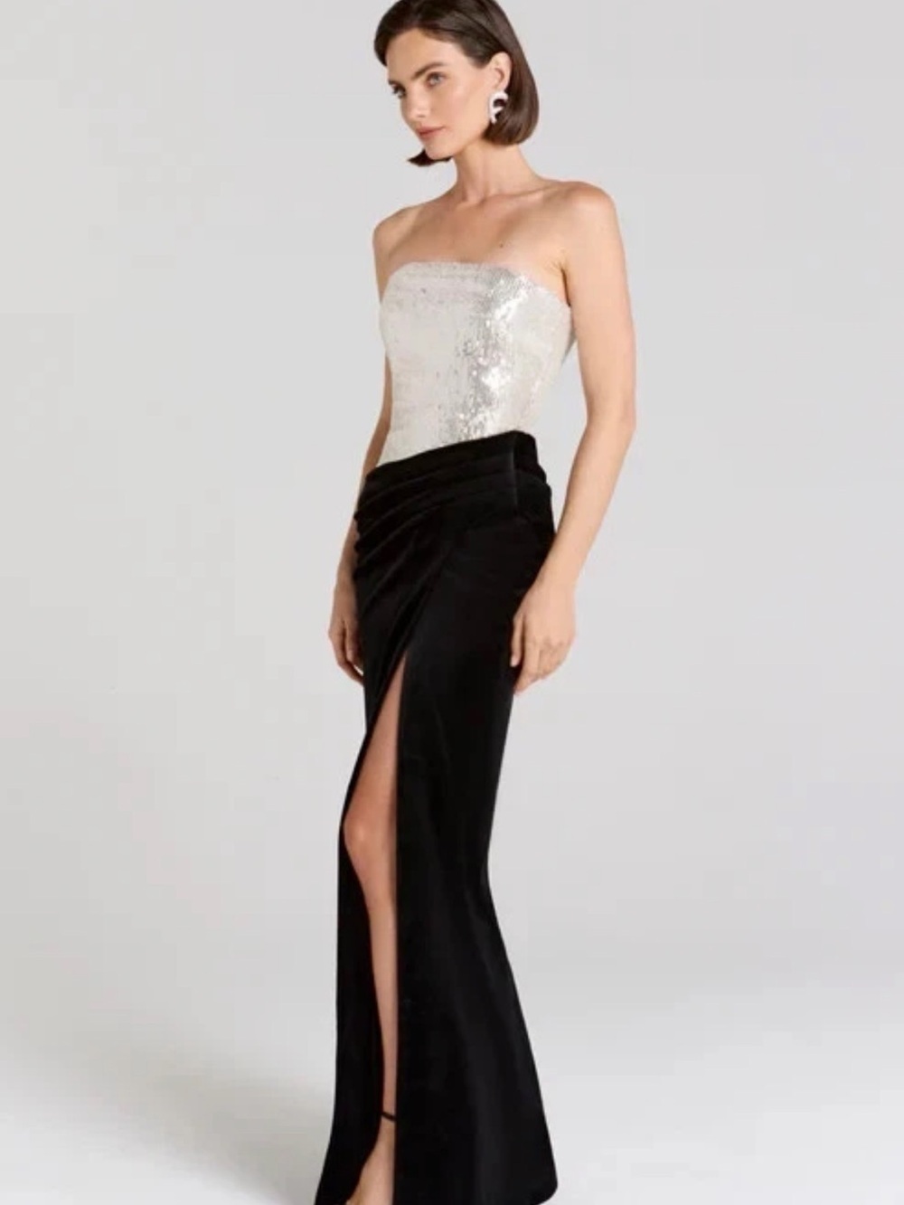 NADINE MERABI Black High-Slit Draped Maxi Velvet gown with Sequin Bodice